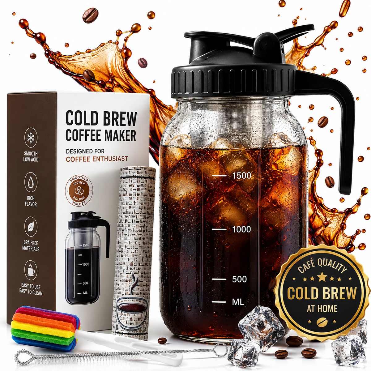 PurePour, 64Oz Cold Brew Pitcher with Stainless Steel Filter & Coffee Mat inlcuded