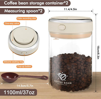 2 Pack 37Oz Coffee Canister with Scoop,Glass Storage Airtight Container | with One-Way Valve Airtight Lid Date Tracker Storage Container for Grounds Beans Tea Cereal Sugar Flour Cookies