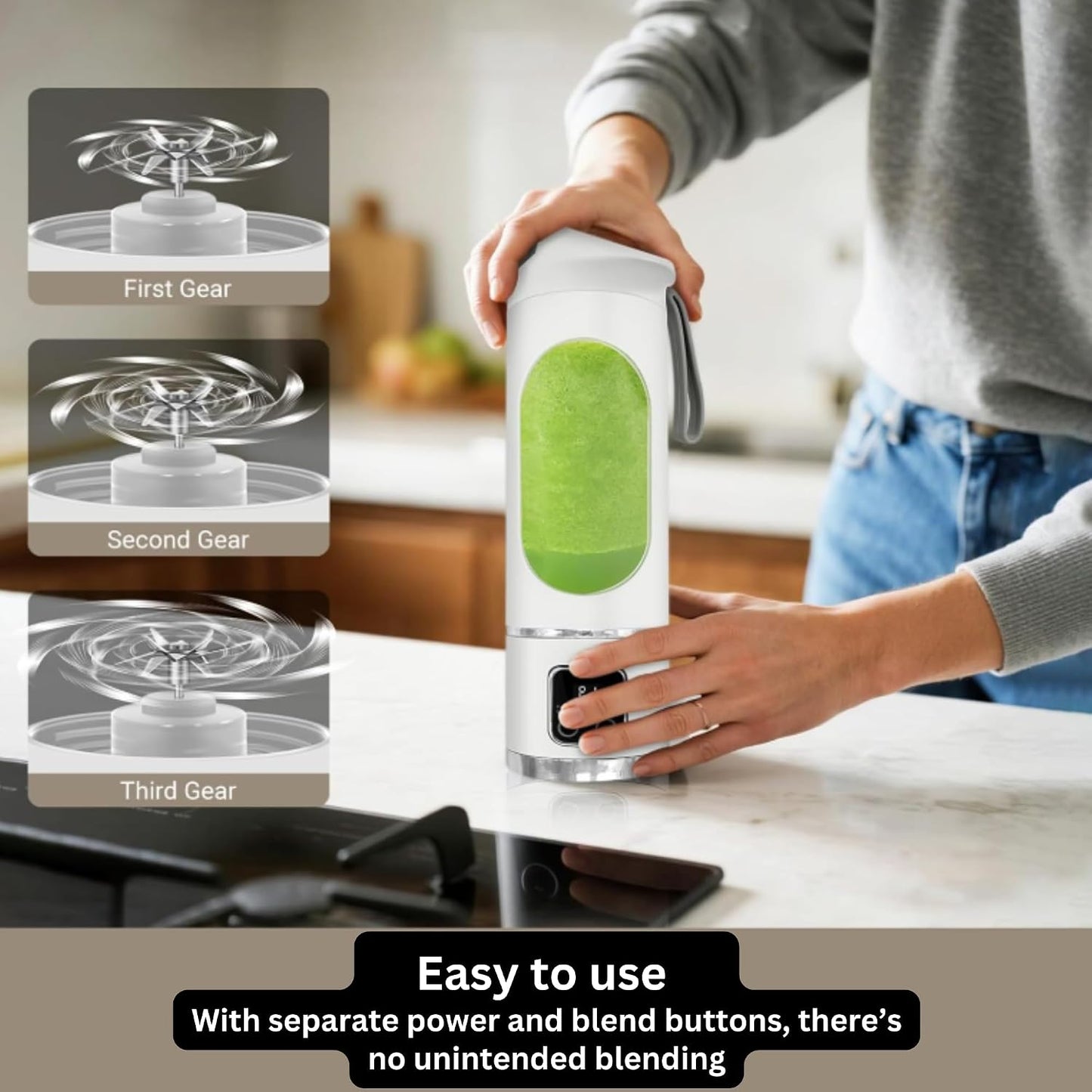 Portable Blender, 12-Blade Cordless Smoothie Maker, 15.2Oz with Ice Crush Power, USB-C Rechargeable, Leakproof, Bpa-Free, Self-Cleaning for Shakes, Protein, Juices, Frozen Fruit (White, 7.4V)