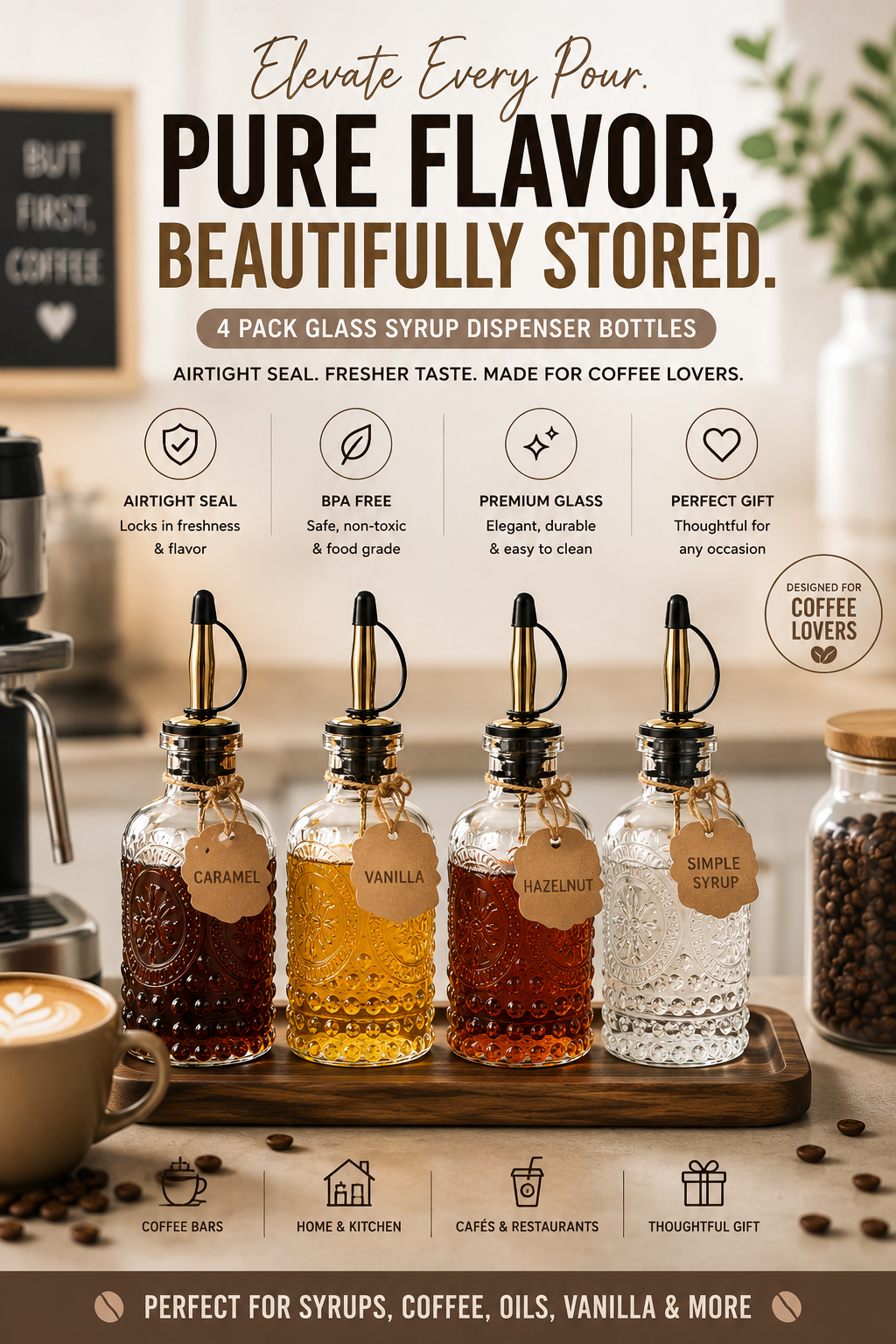 Coffee Syrup Bottles 7Oz with Metal Pour Spout 4 Pack | Syrup Dispenser for Coffee, Maple & Simple Syrup - Includes Funnel, Brush, Stoppers & Labels