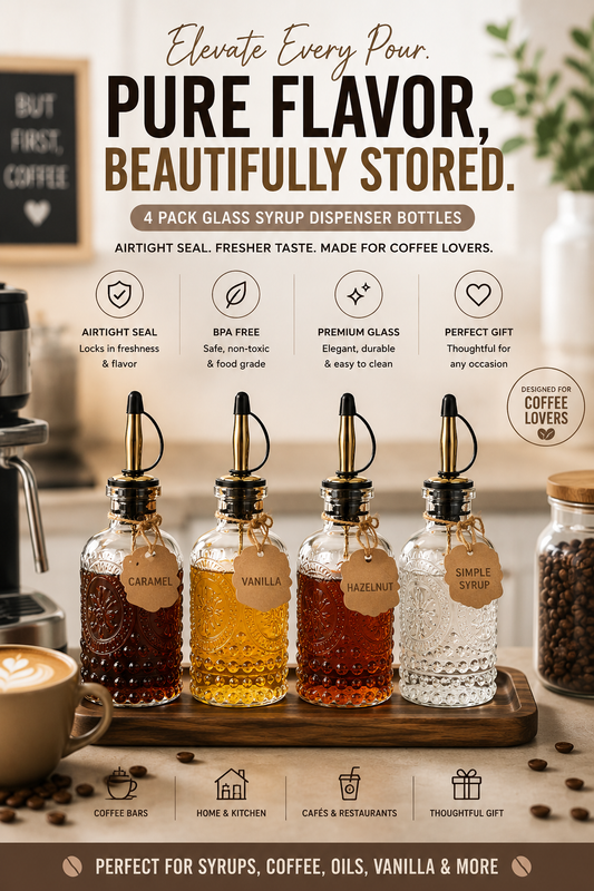 Coffee Syrup Bottles 7Oz with Metal Pour Spout 4 Pack | Syrup Dispenser for Coffee, Maple & Simple Syrup - Includes Funnel, Brush, Stoppers & Labels