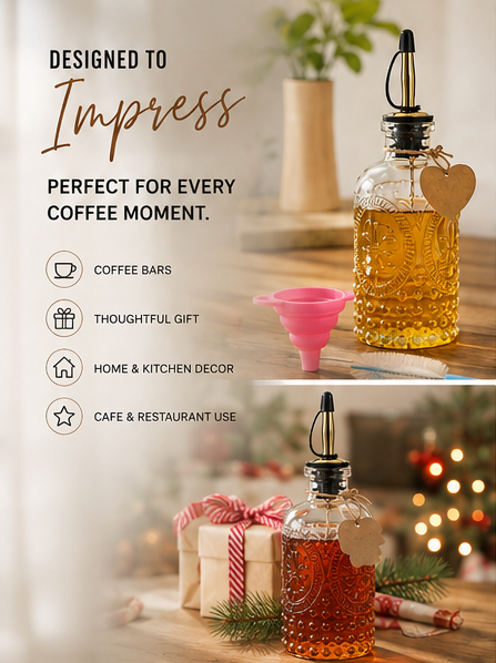 Coffee Syrup Bottles 7Oz with Metal Pour Spout 4 Pack | Syrup Dispenser for Coffee, Maple & Simple Syrup - Includes Funnel, Brush, Stoppers & Labels