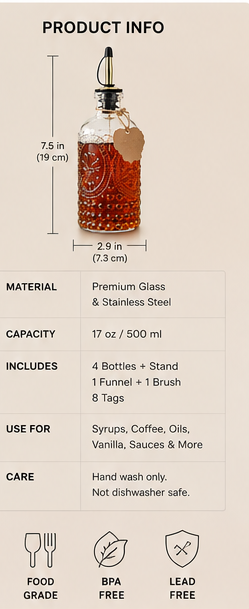 Coffee Syrup Bottles 7Oz with Metal Pour Spout 4 Pack | Syrup Dispenser for Coffee, Maple & Simple Syrup - Includes Funnel, Brush, Stoppers & Labels