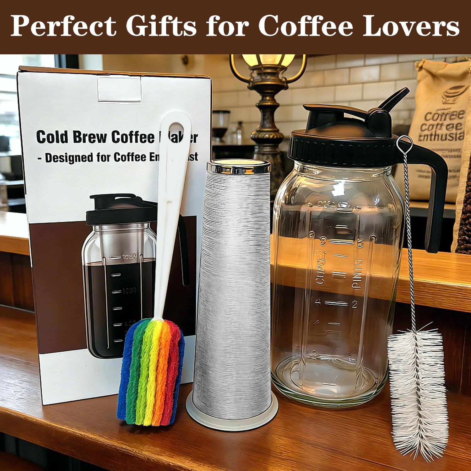 Cold Brew Coffee Maker, 64Oz Cold Brew Pitcher with Stainless Steel Filter & Coffee Mat, Glass Cold Brew Mason Jar with Airtight Lid, Cold Brew Brewer Kit Tea Infuser Pitcher, Gifts for Coffee Lovers