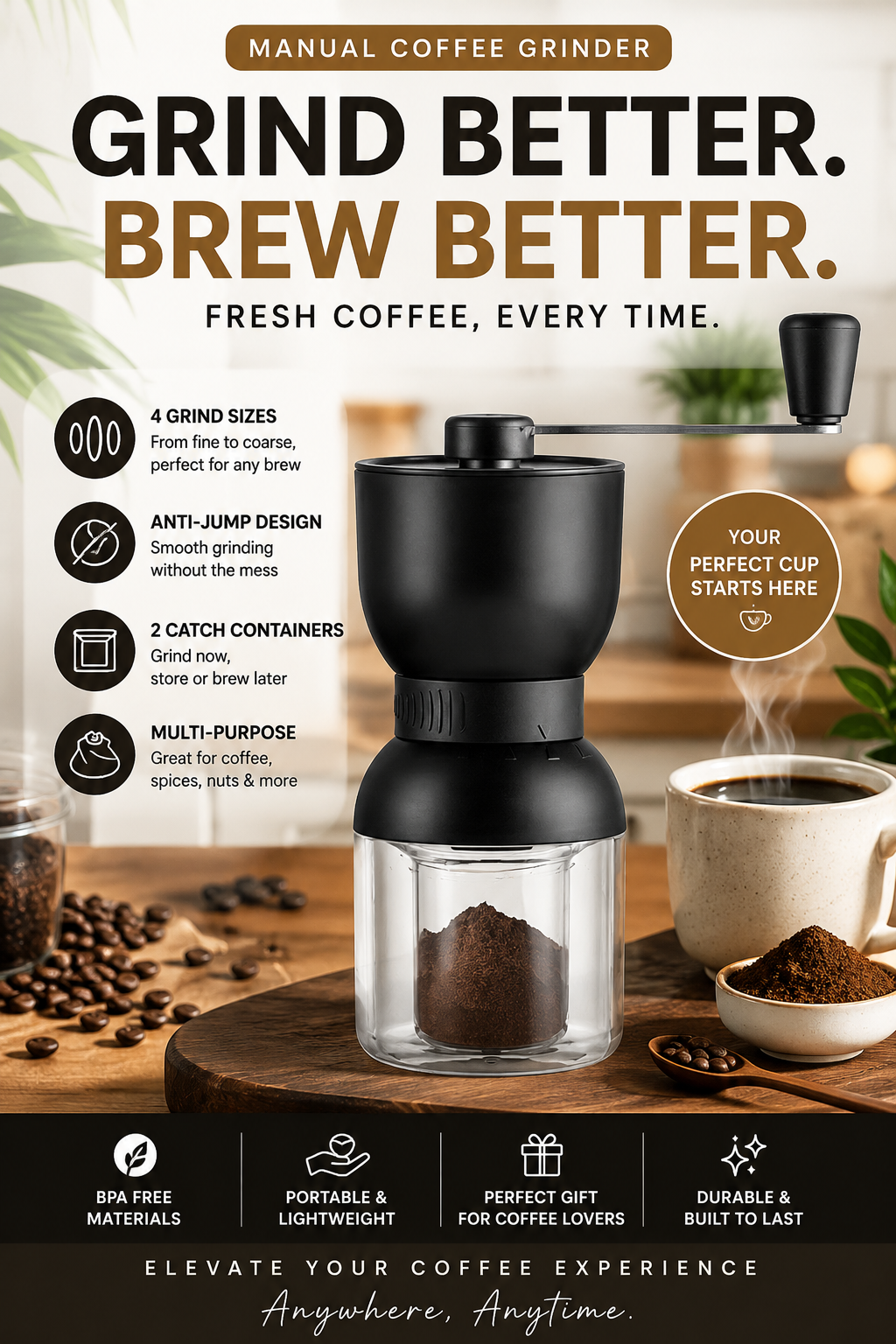 Manual Coffee Grinder – Adjustable Burr Grinder, 4 Grind Sizes, Portable Hand Coffee Grinder