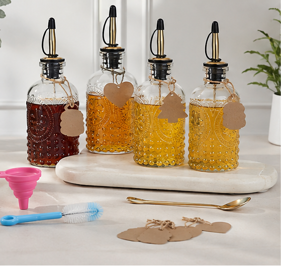 Coffee Syrup Bottles 7Oz with Metal Pour Spout 4 Pack | Syrup Dispenser for Coffee, Maple & Simple Syrup - Includes Funnel, Brush, Stoppers & Labels