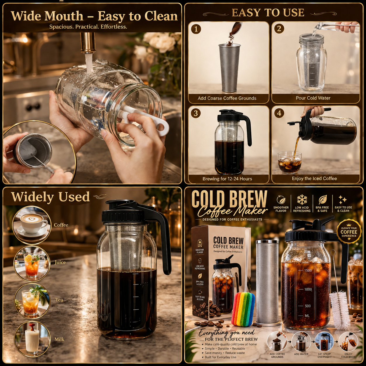 PurePour, 64Oz Cold Brew Pitcher with Stainless Steel Filter & Coffee Mat inlcuded