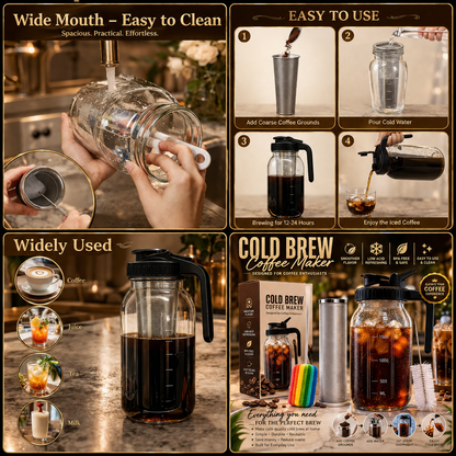 PurePour, 64Oz Cold Brew Pitcher with Stainless Steel Filter & Coffee Mat inlcuded