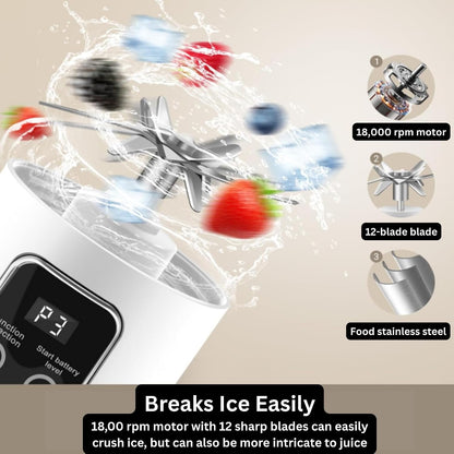 Portable Blender, 12-Blade Cordless Smoothie Maker, 15.2Oz with Ice Crush Power, USB-C Rechargeable, Leakproof, Bpa-Free, Self-Cleaning for Shakes, Protein, Juices, Frozen Fruit (White, 7.4V)