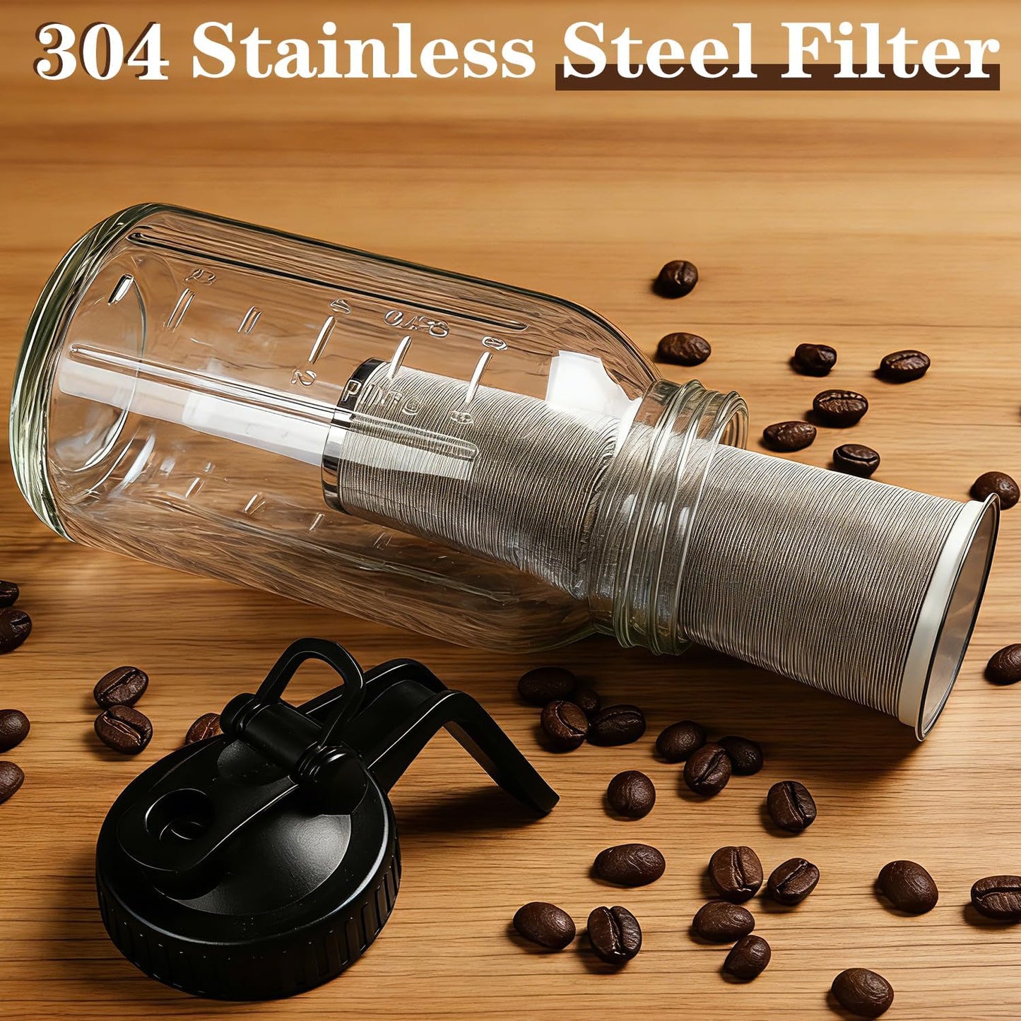Cold Brew Coffee Maker, 64Oz Cold Brew Pitcher with Stainless Steel Filter & Coffee Mat, Glass Cold Brew Mason Jar with Airtight Lid, Cold Brew Brewer Kit Tea Infuser Pitcher, Gifts for Coffee Lovers