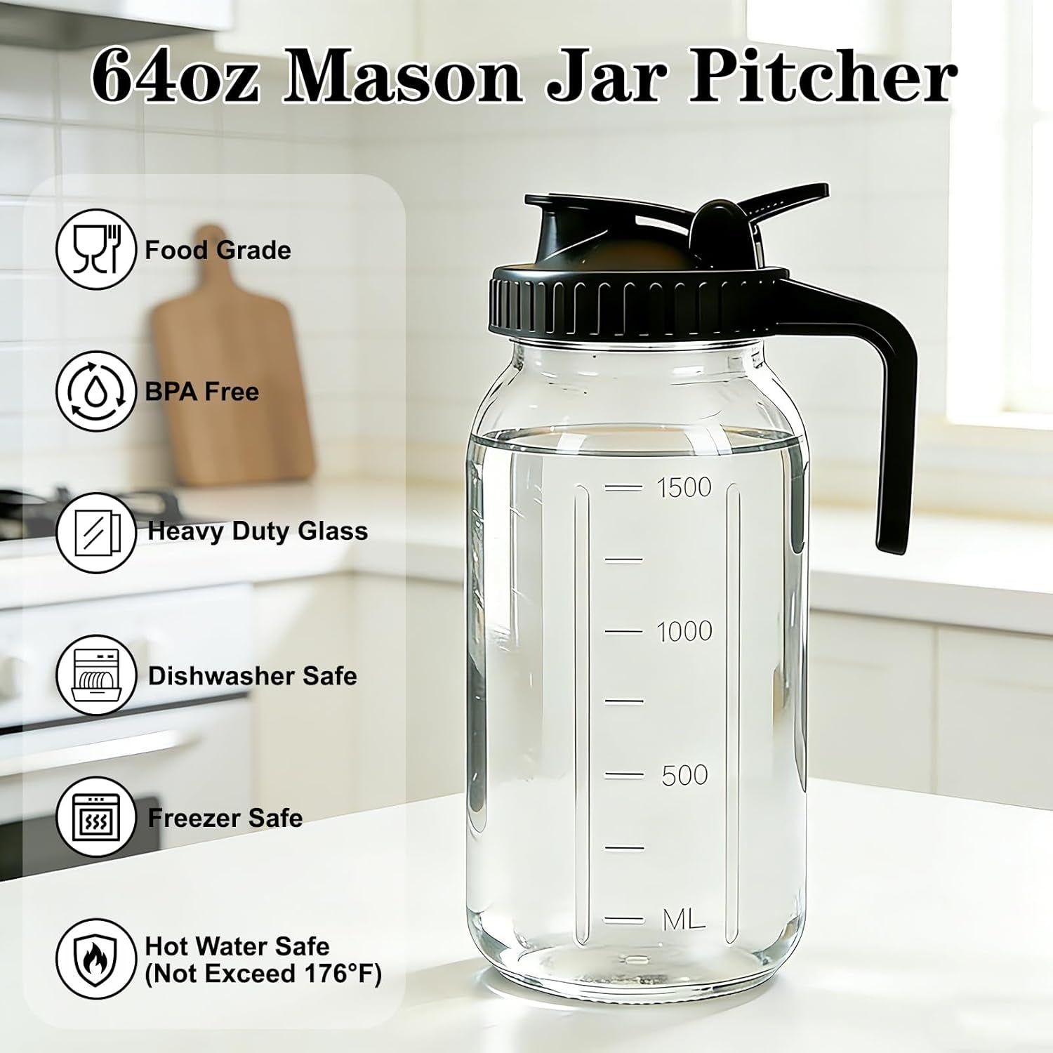 Cold Brew Coffee Maker, 64Oz Mason Jar Pitcher with Airtight Lid and Stainless Steel Filter, 2 Quart Wide Mouth Glass Jar Cold Brew Coffee Kit Tea Infuser Pitcher, Coffee Lovers Gifts for Men/Women