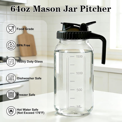 Cold Brew Coffee Maker, 64Oz Mason Jar Pitcher with Airtight Lid and Stainless Steel Filter, 2 Quart Wide Mouth Glass Jar Cold Brew Coffee Kit Tea Infuser Pitcher, Coffee Lovers Gifts for Men/Women